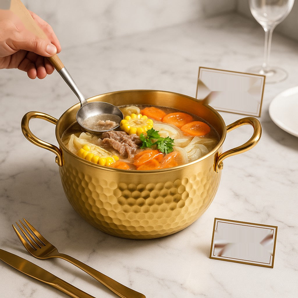 Luxury Golden Hammered Stainless Steel Noodle Pot with Double Handles – 16cm / 18cm