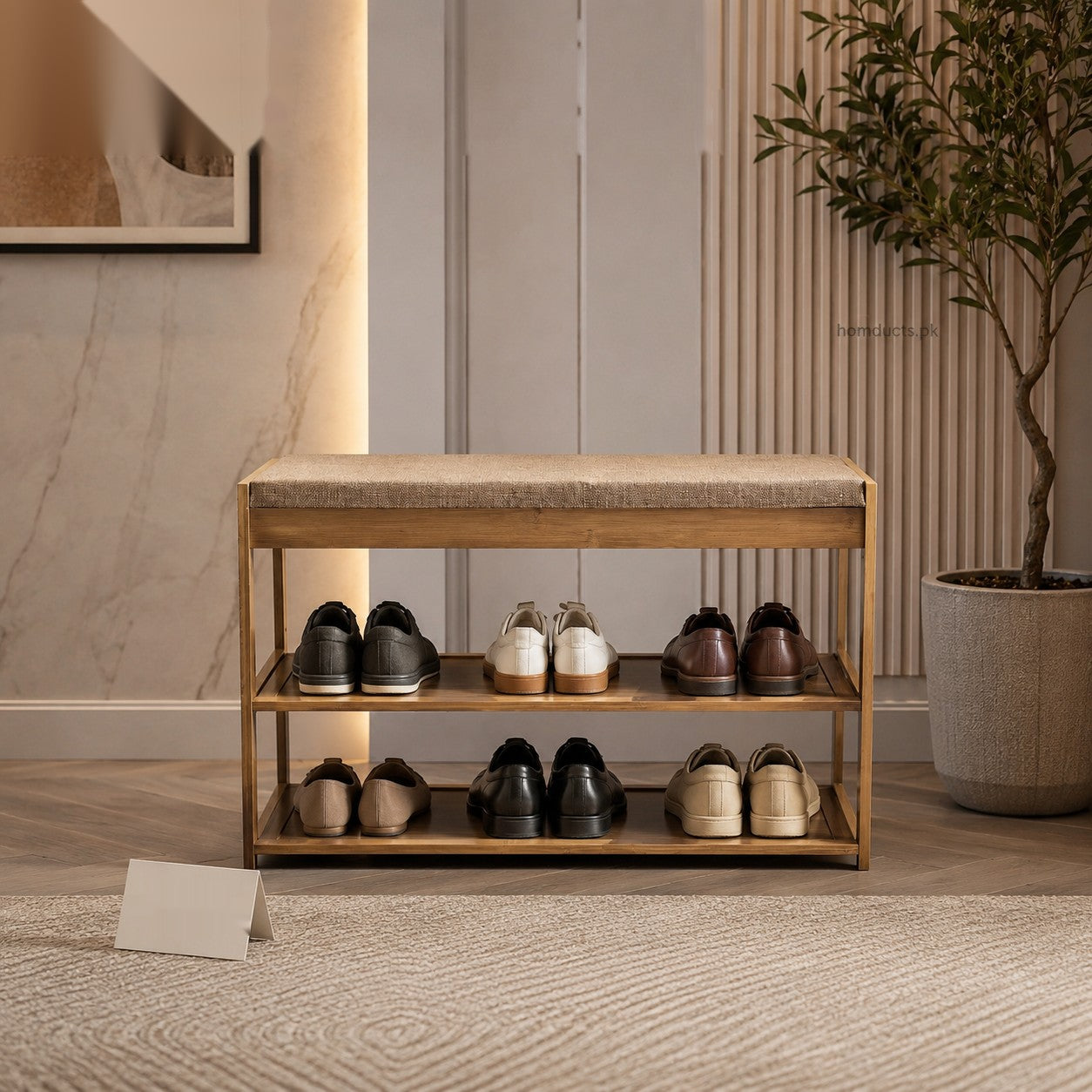 Luxury Modern Wooden Shoe Rack Bench with Cushioned Seating & Storage Shelves