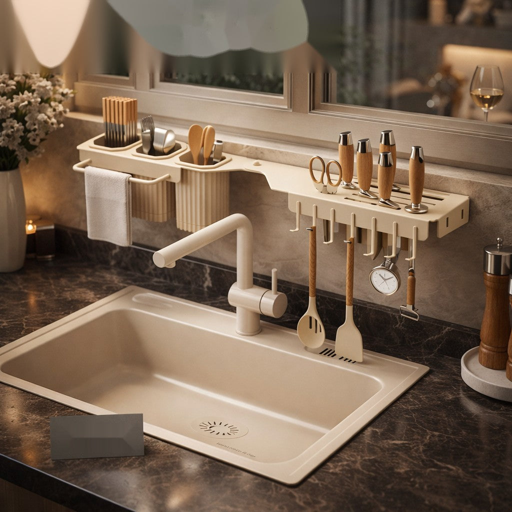 Luxury Over-the-Sink Kitchen Organizer Rack — Multi-Function Utensil & Storage Holder