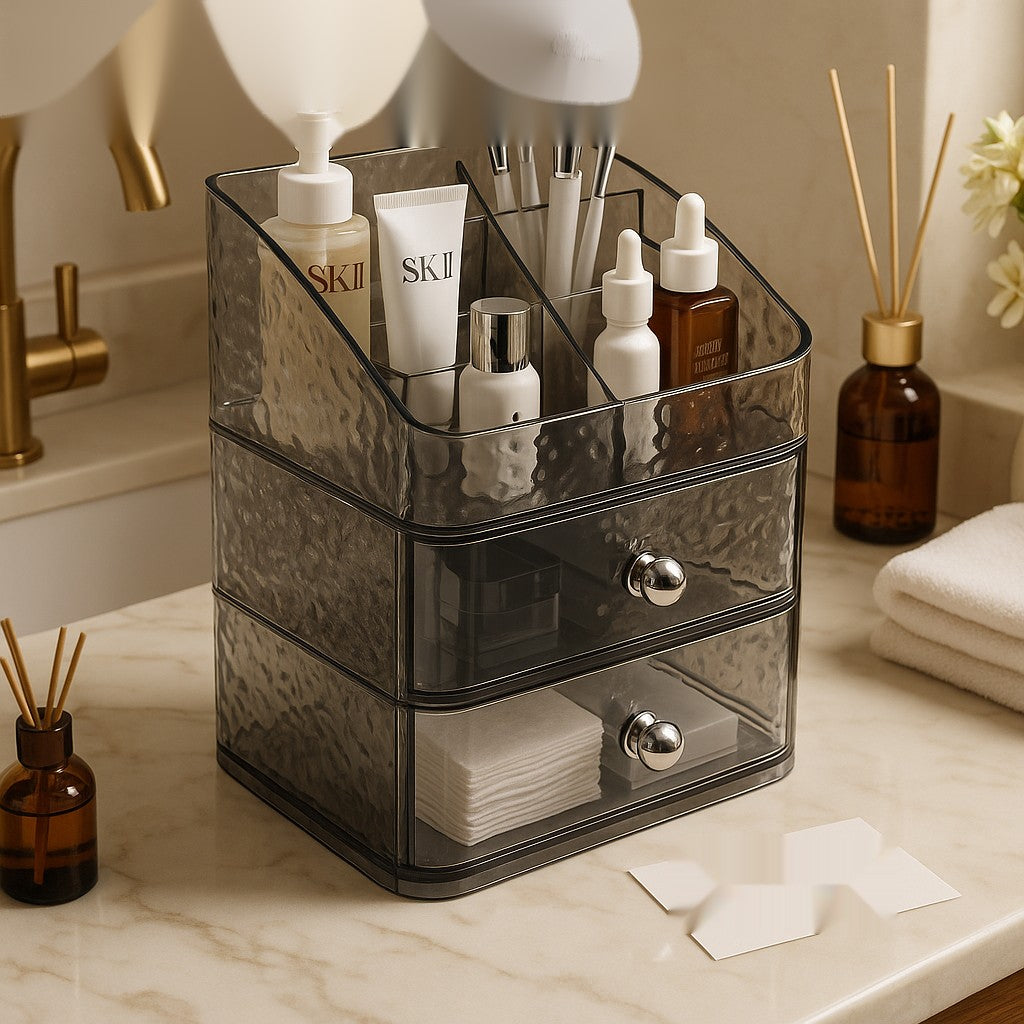 Luxury Smoky Acrylic Makeup Organizer with 2 Drawers – Premium Cosmetic Storage Box