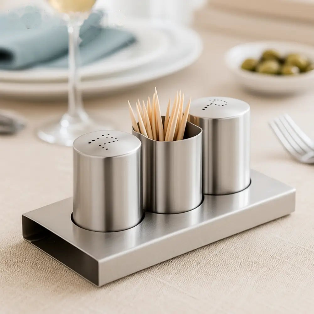 Luxury Stainless Steel Salt & Pepper Shaker Set with Toothpick Holder