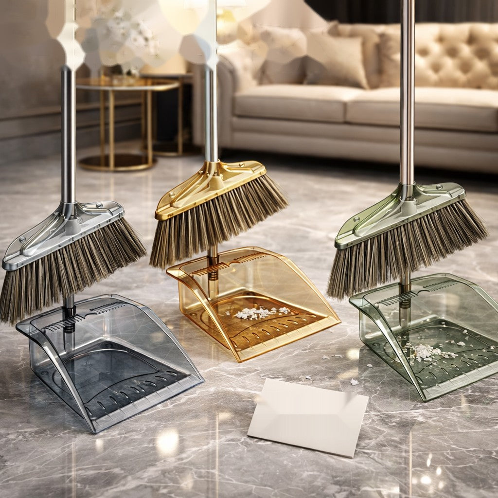 Luxury Transparent Broom & Dustpan Set – Premium Standing Sweeping Set for Home & Office