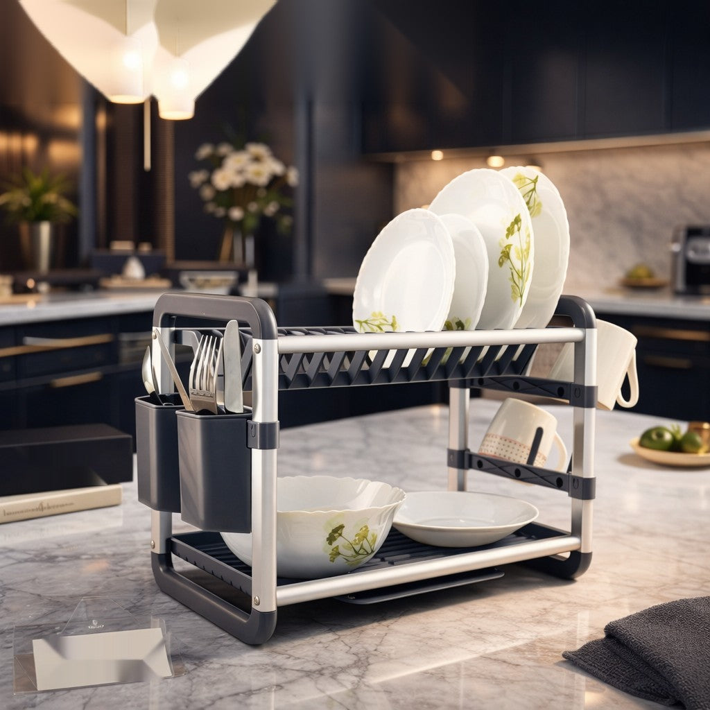 Premium 2-Tier Kitchen Dish Drying Rack with Utensil Holder