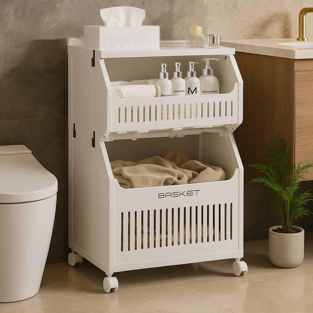 Premium 2-Tier Multipurpose Storage Basket with Wheels – Bathroom & Laundry Organizer