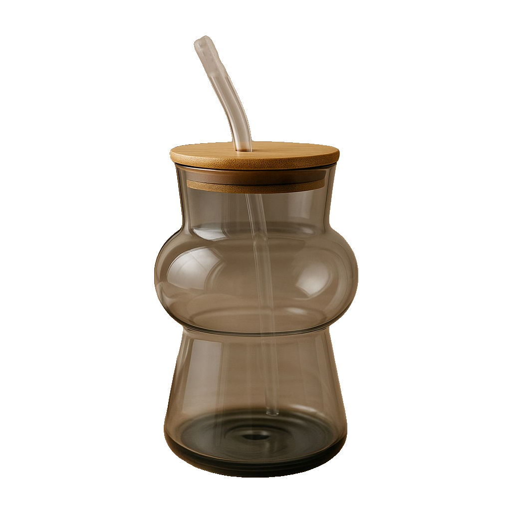 Premium Smoke Grey Glass Bottle with Bamboo Lid & Glass Straw – Stylish Reusable Drinkware