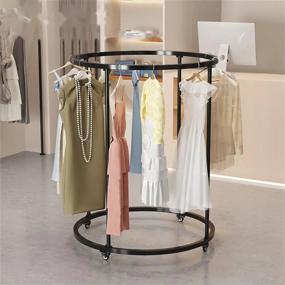 Rotating Round Garment Rack with Wheels - Freestanding Metal Clothing Organizer for Home