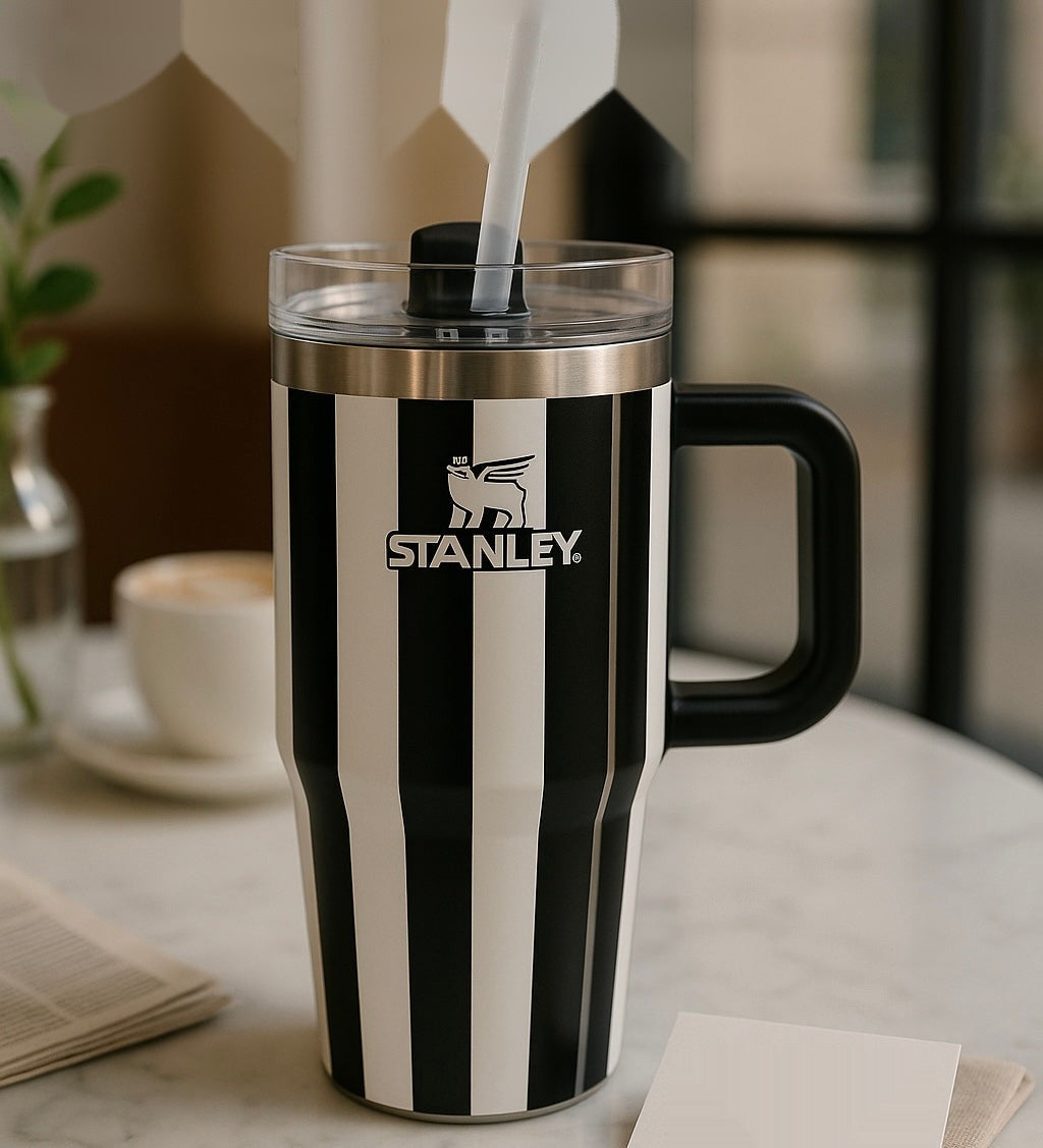 Stanley 20oz Black & White Striped Stainless Steel Tumbler with Straw