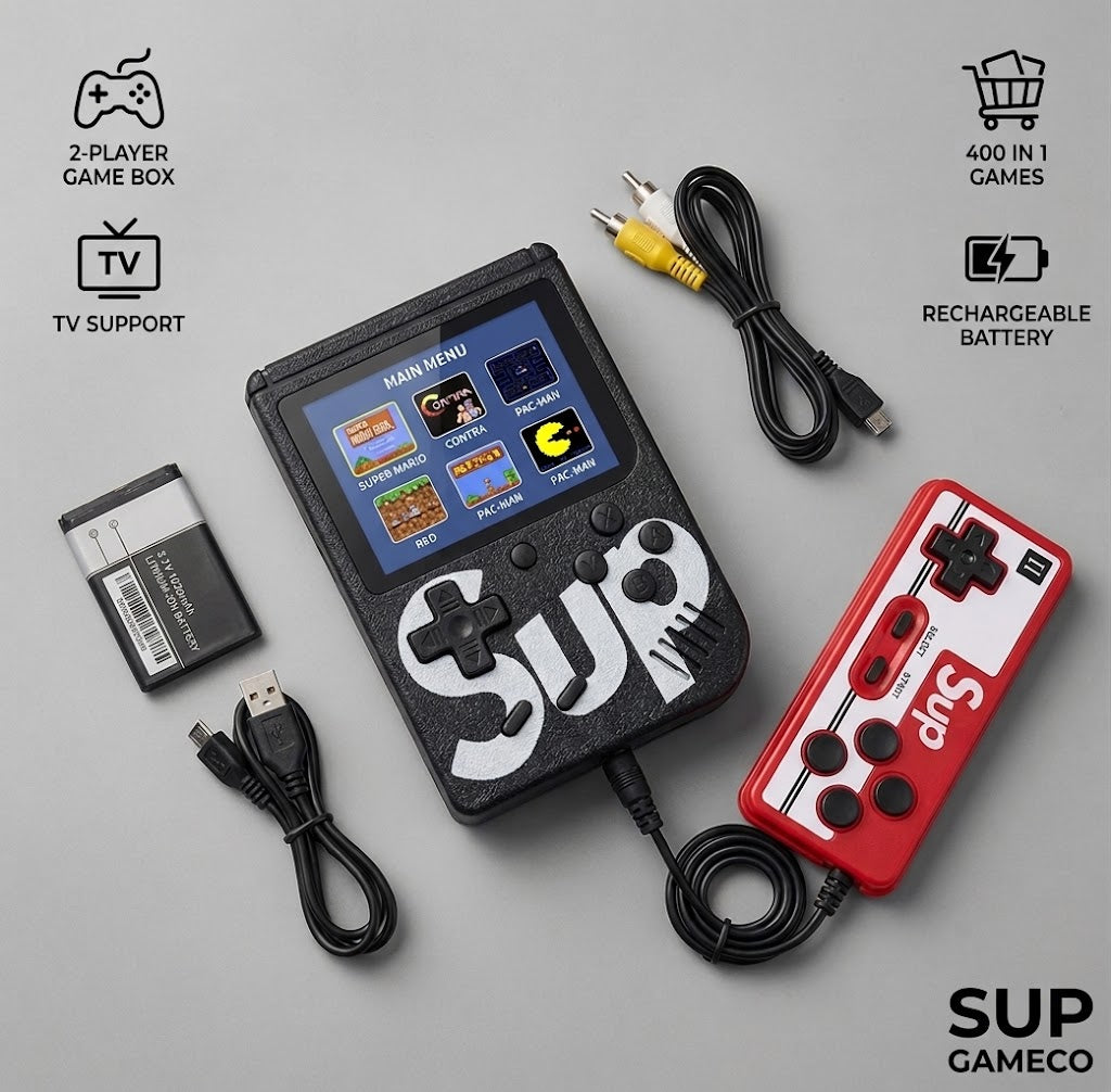 SUP 400 in 1 Portable Handheld Gaming Console – 2 Player Game Box with Extra Gamepad, TV Support & Rechargeable Battery