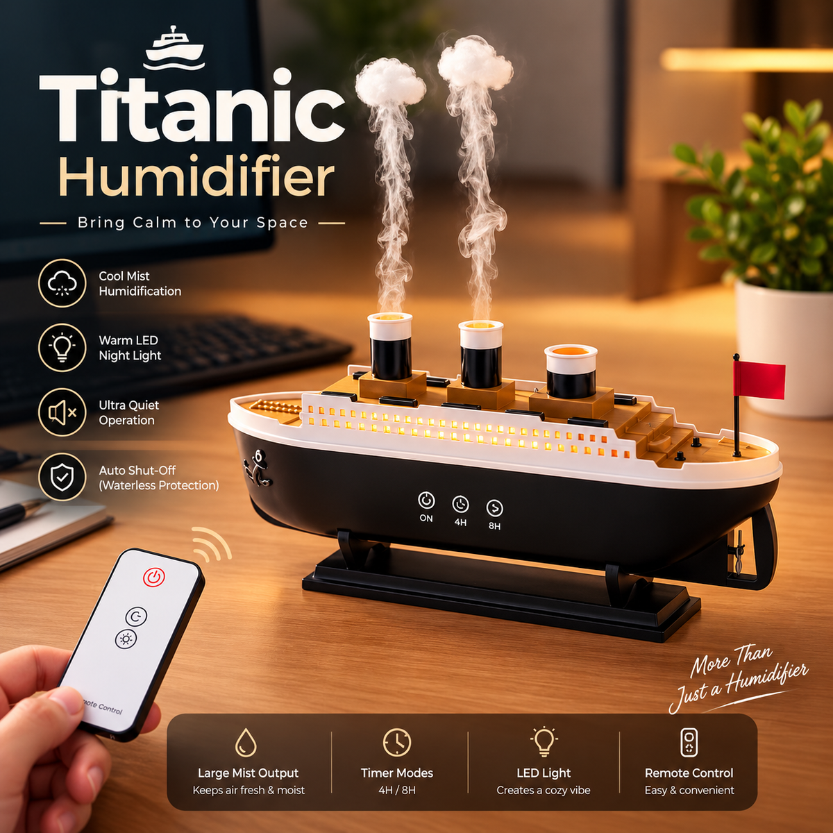 Titanic Ship Humidifier with Remote Control – Cool Mist, LED Night Light & Timer