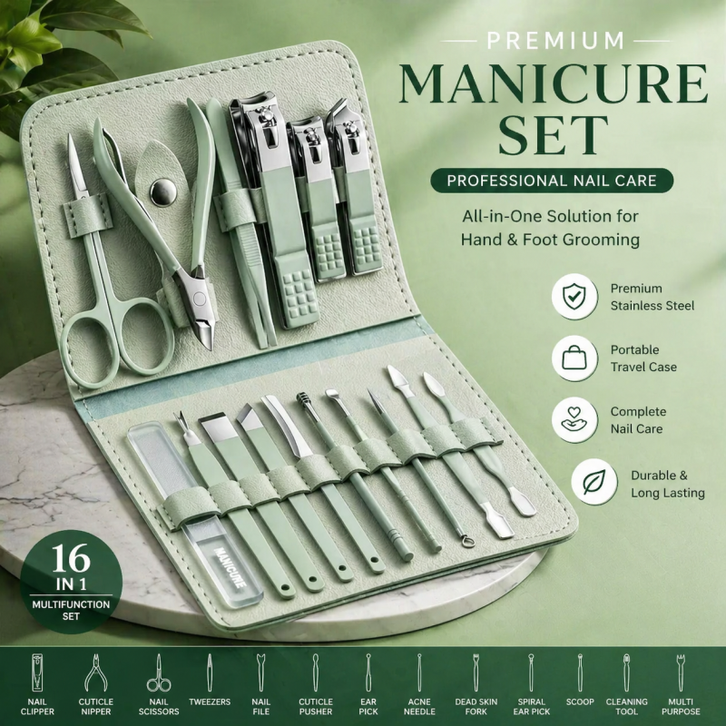 Manicure Pedicure Grooming Kit, Stainless Steel set, Nail cutter set, Nails Care, Clipper, Nails tool Set, Professional Spa kit, Nipper, 16pcs set