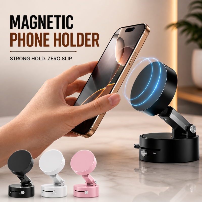 Magnetic Phone Holder – Strong Magnetic Suction Mount for Car, Desk & Tabletop Use