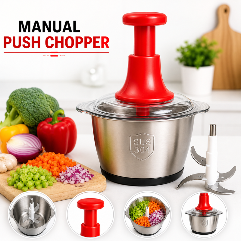 Manual Stainless Steel Multifunctional 2L Hand Push Chopper – 4 Curved Stainless Steel Blades, Meat & Vegetable Cutter, Portable Food Processor Bowl, Easy to Clean, Ideal for Kitchen Use