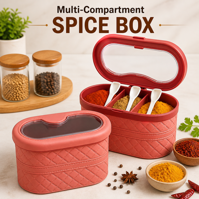 3 Compartment Spice Jar Box, Spice Organizer With Spoon, 3 Compartment Seasoning Organizer