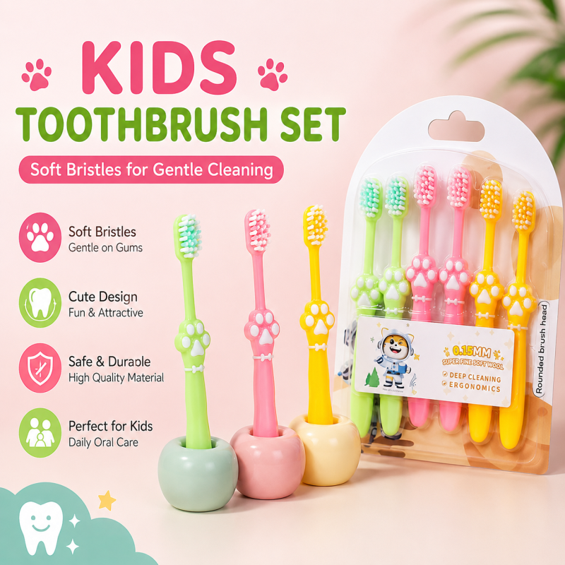 High End Soft Bristled Toothbrush For Children's Cartoon Cat Claw Design Soft Rubber Brush Handle Kids Household Toothbrush Set