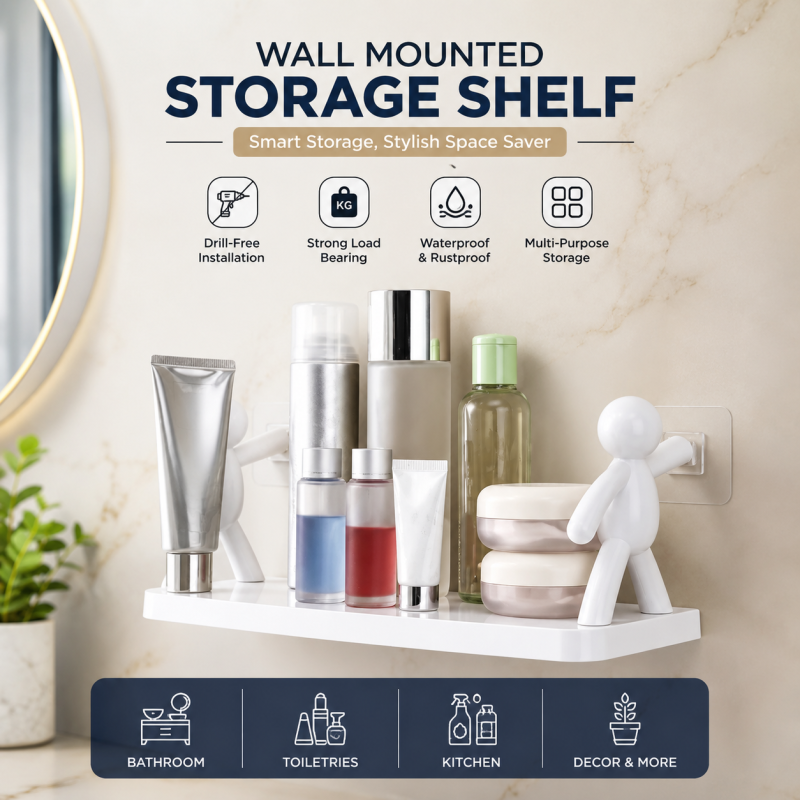 Multipurpose Plastic Bathroom Rack Human Doll Shape Kitchen Bathroom Shelf Wall Holder Storage Box Strong Adhesive Sticker Shower Rack Shelf