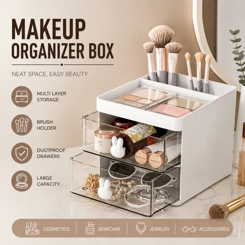 Rabbit Desk Organizer With 2 Drawer, Office Desktop Storage Box, Business Card/Pen/Pencil/Mobile Phone/Stationery Holder Storage Box, Makeup Organizer for Office School Home - Makeup storage organizer