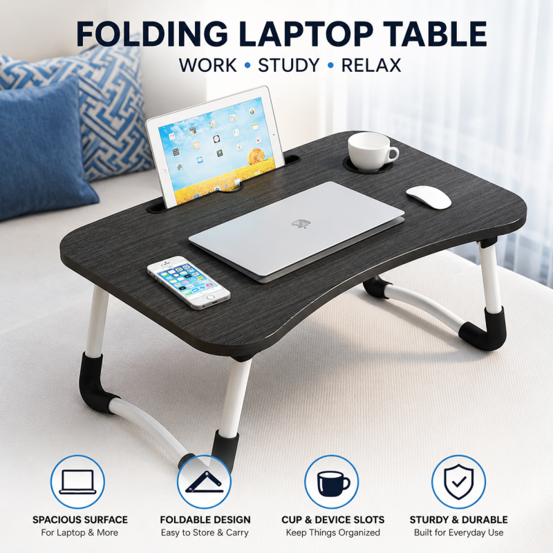 Laptop and study folding Table multipurpose  foldable table with cup holder tablet stand