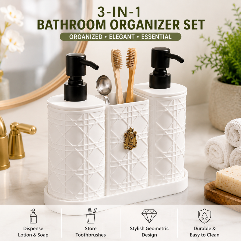 Modern Bathroom Organizer Set  Upgrade your bathroom with this stylish 3-piece set featuring dual soap dispensers and a multi-purpose holder. Designed with a premium textured finish and durable material, it keeps your space neat, elegant, and organized