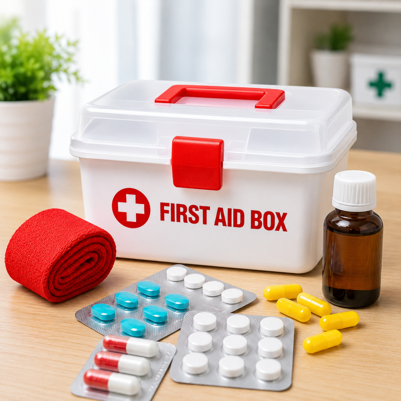 First Aid Storage Tool Box Organizer Carrying Case for Home Camping Travel and Car, Home Multipurpose Portable Plastic Emergency Medicine Storage Cabinet Organizer with Removable Tray, Clear Lid and Red Handle and Latch Lock.