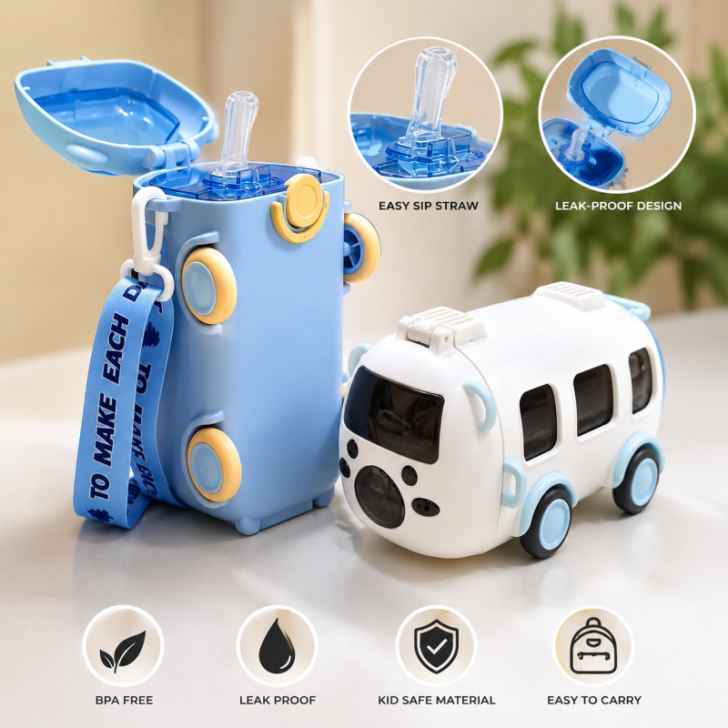 Bus Shaped Water Bottle For Kids - Leak-proof School Bus Water Bottle with Straw & Strap