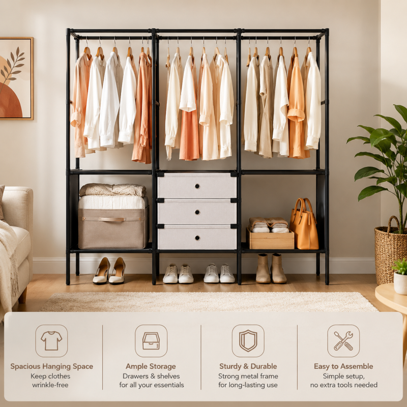 3 Row Metal Multifunctional Clothes Rack