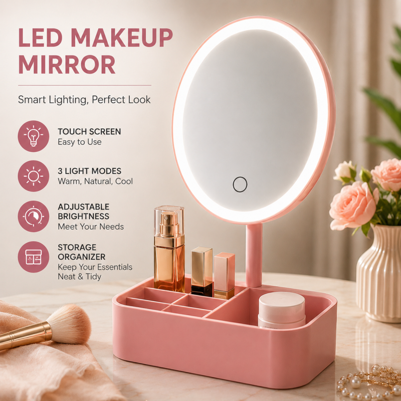 Upgrade your beauty routine with this elegant LED vanity mirror organizer