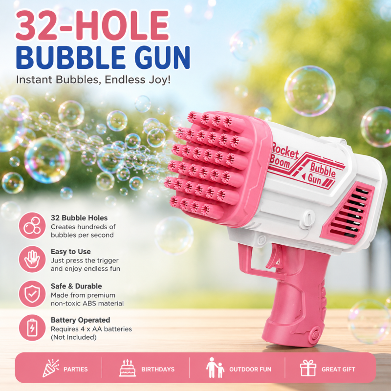Bubble Machine for Kids, 32 Hole Rocket Boom Bubble Gunn for Toddlers, Bubble Blower with Colorful Lights Birthday Party Favors Gift, Bubble Blaster Summer Outdoor Activity Children's Toys