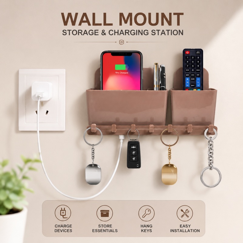 Multi-Purpose Wall Mounted Mobile Phone Holder with Key Hanger and Charging Stand