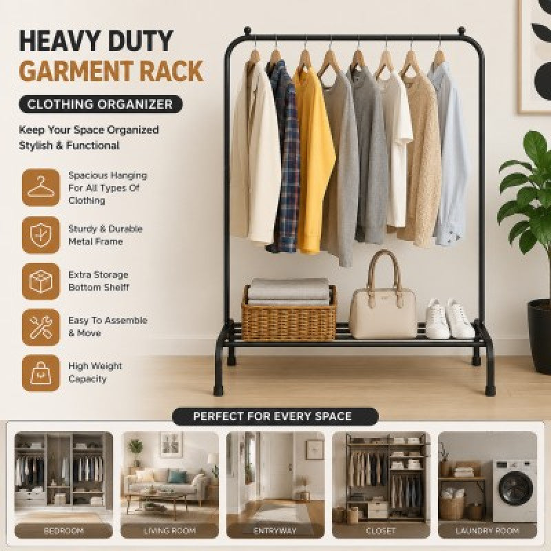 Metal Clothing Rack, Garment Coat Rack with Bottom Shelf for Hanging Skirts, Shirts, Sweaters