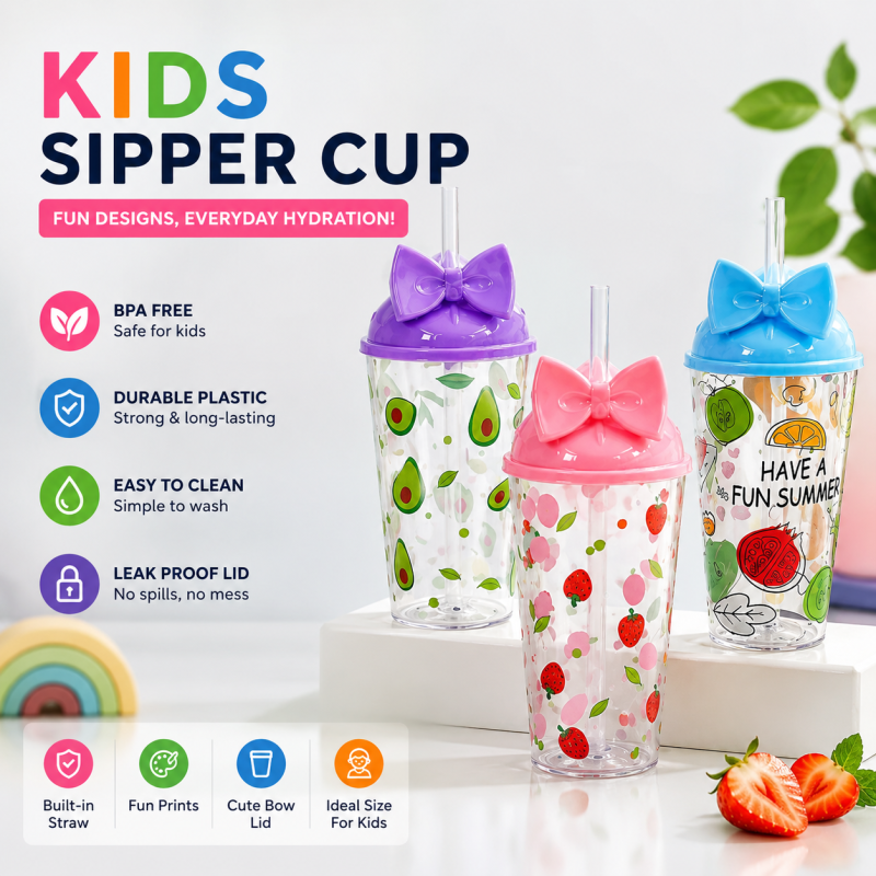 Kids Sipper Cups – Cute, Colorful & Fun!     Make every sip exciting for your little ones! Our adorable kids sipper cups come with beautiful bow lids, fun fruit prints, and a built-in straw – perfect for everyday use