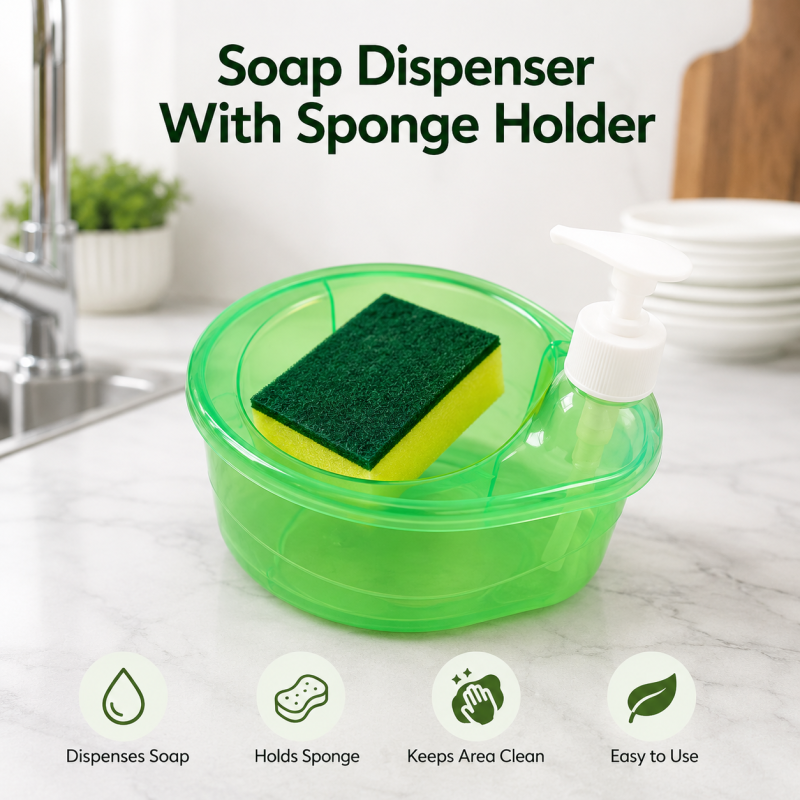 Multi-purpose liquid soap dispenser bowl with built-in sponge holder, perfect for easy and mess-free dishwashing.