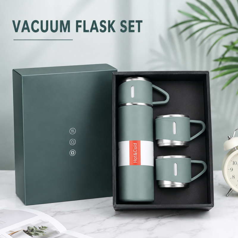 Vacuum Flask Set - Water Bottle - Thermos - Traveling Bottle And Cup Set 500ml - For Coffee, Tea, Hot And Cold Drink - Travel Friendly Combo With 3 Steel Cups And Bottle - Thermal Sport Bottle - Mug Set - Gift Box Set - Portable Cup Set.
