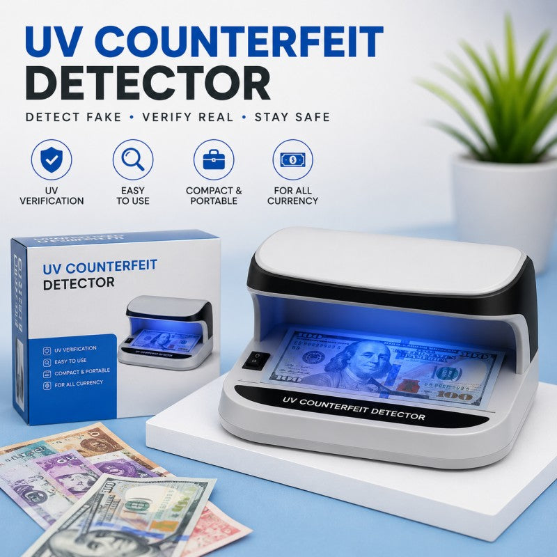 UV Counterfeit Bill Money Detector, Small Footprint, Portable, Rechargeable, Lightweight, Bills Credit Cards Banknote Passports IDs All Currencies, Auto ON Off, LED Light Currency Check