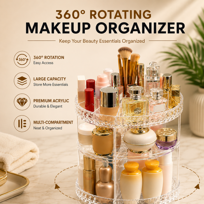 Makeup Organizer 360-Degree Rotating Cosmetic Storage Box with Adjustable & Large Capacity in Diamond Pattern