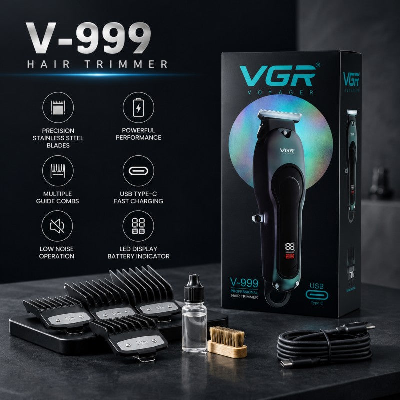 VGR V-999 Professional Hair Trimmer is designed for precision, comfort, and durability. Perfect for barbers and home use with USB Type-C fast charging and high-performance stainless blades.