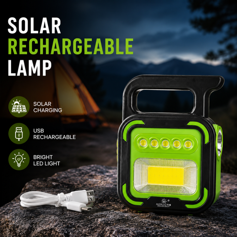 Light up every moment with the Solar Rechargeable LED Lamp.   Powerful brightness, solar charging, USB rechargeable, and portable design—perfect for camping, emergencies, outdoor adventures, and everyday use