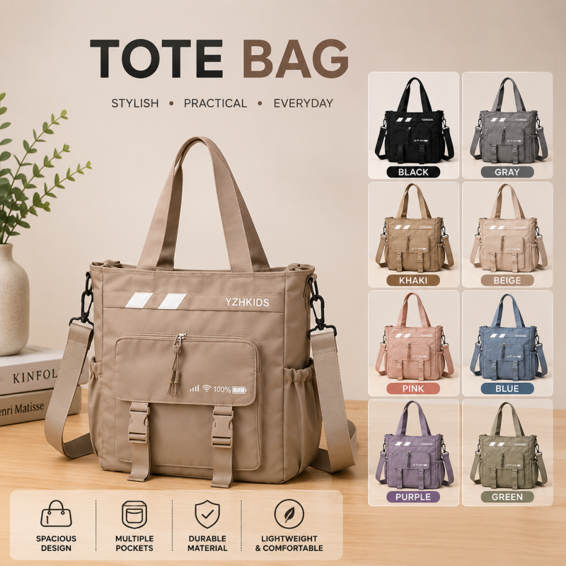 Premium minimalist product photography tote bag on a clean beige background with soft natural lighting, luxury commercial look, subtle shadows, modern aesthetic