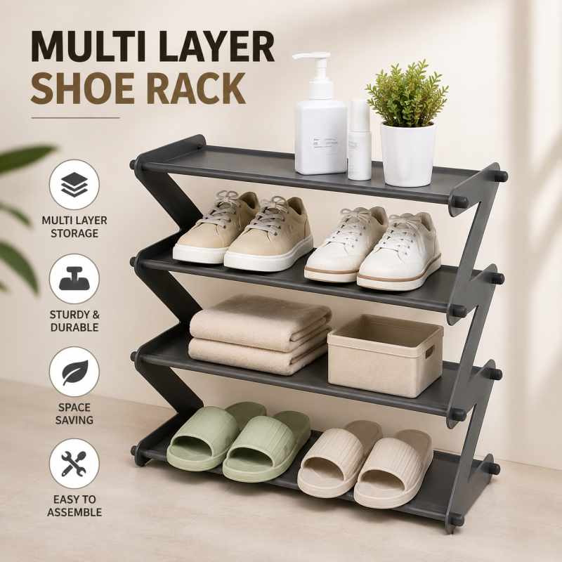 4 Layer Z Shaped Shoe Rack,Multi Purpose Plastic Rack 4-Shelf Organizer