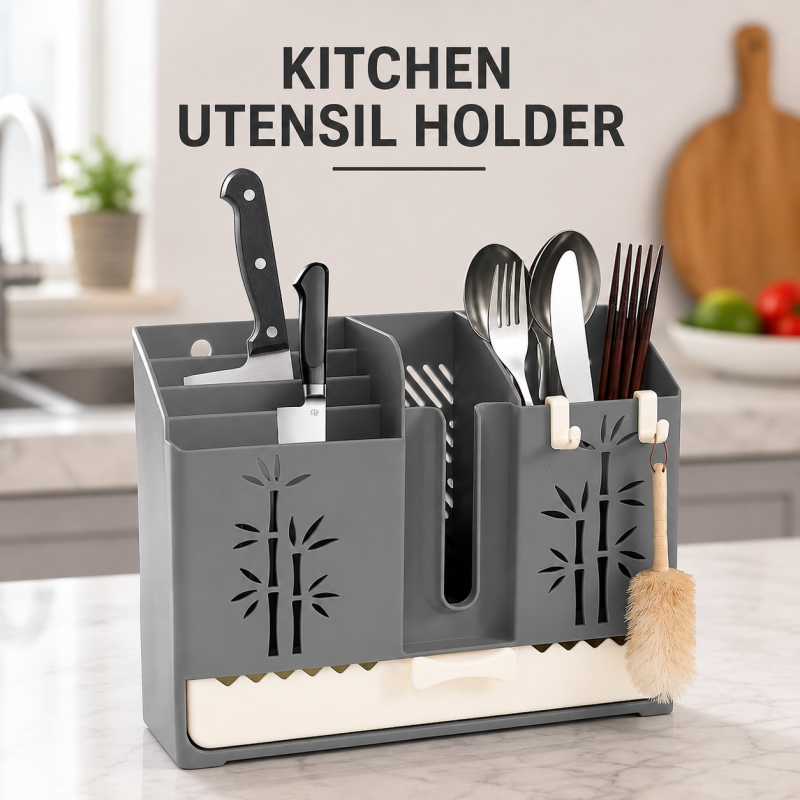 Kitchen Cutlery Utensil Basket Wall Mounted with Hooks