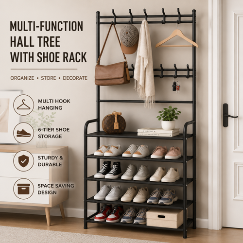 5-Tier Coat and Shoe Rack with Storage Shelf &  Hooks – Freestanding Organizer for Entryway & Bedroom