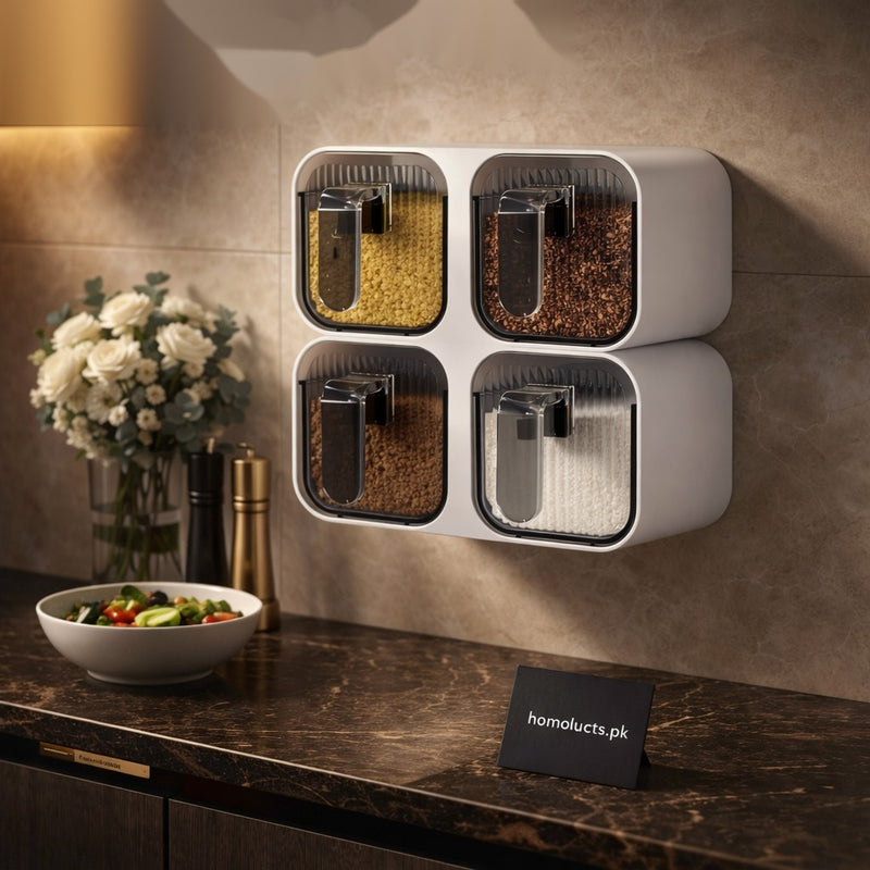 2 Grid Wall Mounted Kitchen Grain & Spice Dispenser with Measuring Scoop