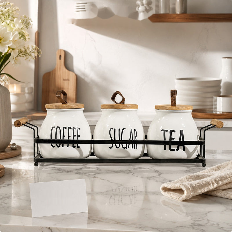3-Piece Ceramic Coffee, Tea & Sugar Storage Jar Set with Bamboo Airtight Lids & Metal Stand – Premium Kitchen Counter Organizer