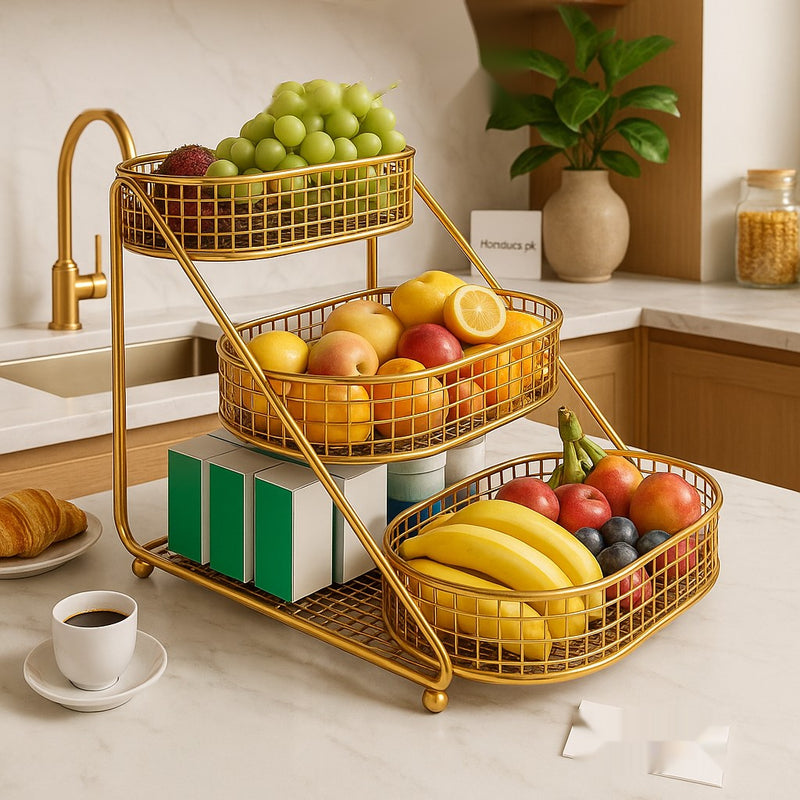 3-Tier Gold Metal Fruit Basket Stand – Luxury Kitchen & Countertop Storage Organizer