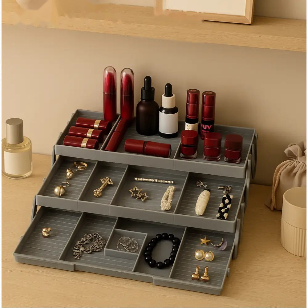 3-Tier Jewelry & Makeup Organizer Tray – Multi-Compartment Vanity Storage Box