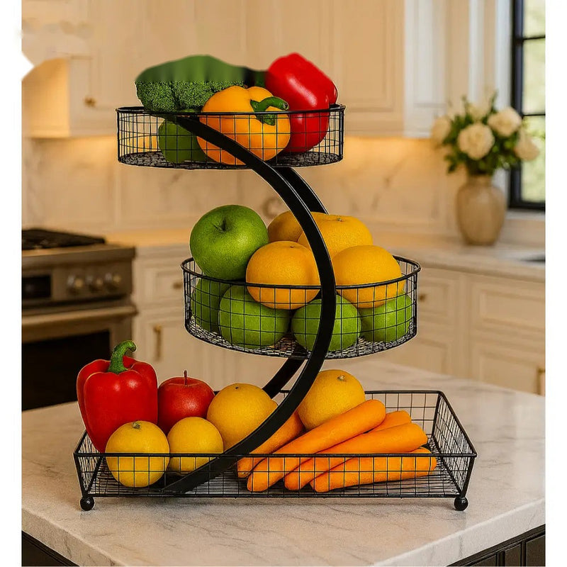 3-Tier Luxury Black Metal Fruit Basket Stand – Rotating Kitchen Organizer