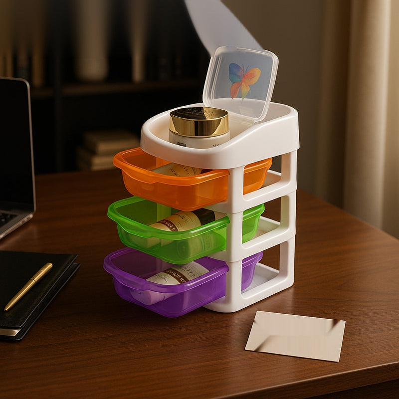 3-Tier Multi-Color Plastic Storage Drawer Organizer – Cosmetic & Office Desk Organizer