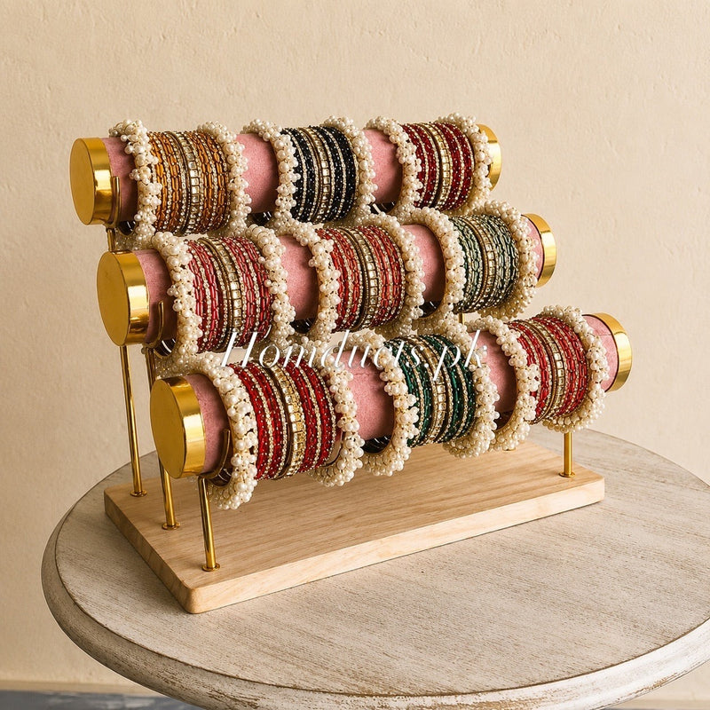 3-Tier Velvet Bracelet & Bangle Display Stand – Elegant Jewelry Organizer with Gold Accents & Wooden Base