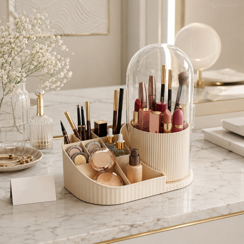 360° Dustproof Makeup Organizer with Transparent Cover | Luxury Cosmetic & Brush Storage Holder