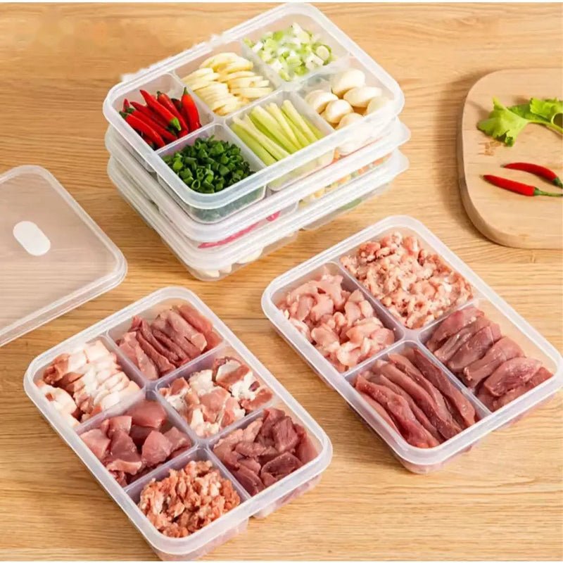 6-Grid Fridge & Freezer Food Storage Box with Lid - Reusable Plastic Container