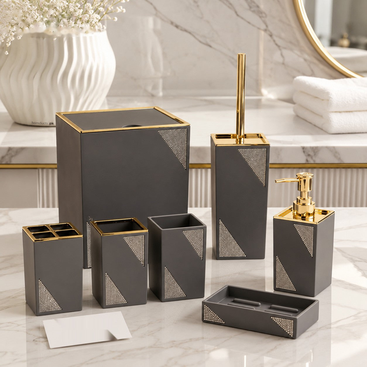 7-Piece Luxury Grey & Gold Bathroom Accessories Set with Crystal Accent | Premium Resin Bathroom Organizer Set